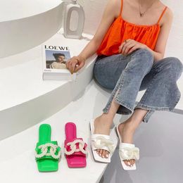 Square Toe Women Sandals Slippers Casual Flats Heels Pearl Ring Design White/Pink/White Summer Beach Shoes Slides Size 35-39 210513