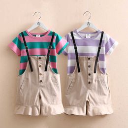Summer 2 3 4 6-12 Years Baby Suits Cotton Overalls+Colorful Stripe Short Sleeve T-shirt 2 Pcs School Kids Girls Clothes Set 210529