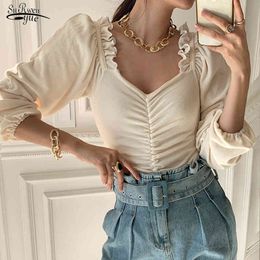 Spring Elegant Splicing Pleated Puff Sleeve Shirt Sexy Square Collar Blouse Women Lady Chic Curled Slim Solid Shirts 12904 210521