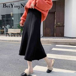 Beiyingni Women Skirt Plus Size Leisure Solid Color Warm Thick Winter Midi Skirts Fashion Long Knitting Casual Saia Faldas Mujer 210416