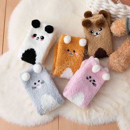 Winter Coral Fleece Women Socks Plush Cartoon Cat Bear Panda Long Socks For Girls Cute Furry Warm Thick Indoor Floor Sock