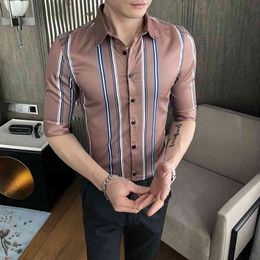 Brand Striped Shirts Men Summer Short Sleeve Slim Fit Streetwear Shirts Male Business Formal Dress Shirts Social Nightclub Tops 210527