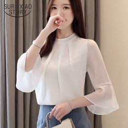Korean Office Lady Casual Loose Solid Flare Quality Shirt Summer White Half Sleeve Chiffon Women Blouse 4944 50 210417