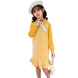 Teenage Kids Clothes Plaid Vest + Dress Girls Clothing Bow Tracksuit Casual Style Children's Suits 6 8 10 12 14 210528