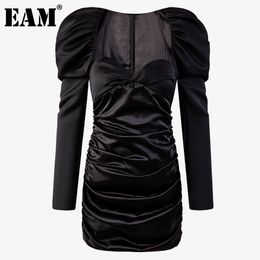 [EAM] Women Black Folds Hollow Out Dress Square Collar Long Puff Sleeve Loose Fit Fashion Spring Autumn 1DD6946 21512