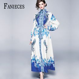 Fall winter A-Line Runway dresses blue red Print Collar Long Sleeve Women Party Casual Empire Waist Maxi Dress ropa mujer 210520