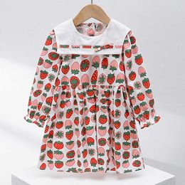 Long Sleeve Princess Dress For Girls Cotton Strawberry Print Sailor Collar Spring Autumn Toddler Clothes Factory Price Q0716
