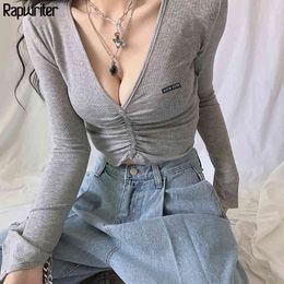 Preppy Style Gray Women's t-shirt harajuku Letter V Neck Long Sleeve Cotton Sexy Crop Top Tee Shirts Single-breasted Clothes 210415