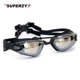 SUPERZYY Black Plated Swimming Goggles Earplug Professional Adult Silicone Swim Cap Pool Glasses Anti Fog Men Women Eyewear Y220428