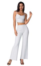 Women Clothing Set Sexy Jacquard Bodycon Bandage Two Pieces Knitted Party Celebrity Crop Tops Boot Cut Pants 210527