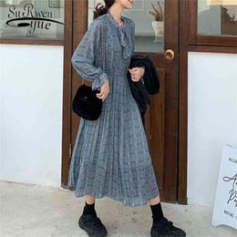 Vintage Elegant Clothes Spring Lady Chiffon Dress Floral Korean Fashion Women Long Sleeved Print Pleated 8538 50 210521