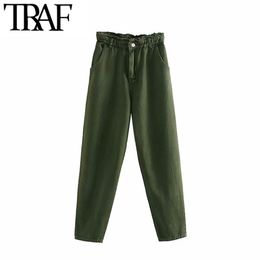 TRAF Women Vintage Stylish Pockets Jeans Fashion Zipper Fly Elastic Wasit Denim Pants Female Ankle Trousers Jean Femme 210415