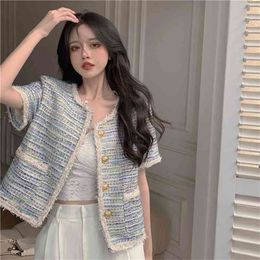 Tweed Summer Short Sleeve Women Coat Elegant Causal Cardigan Jacket Korean Single Breasted Outwear 210519