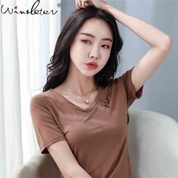 Summer Korean Style Modal Cotton T-Shirt Solid V-Neck Embroidery Letter Women Tops Short Sleeve All Match Tees T14106A 210421