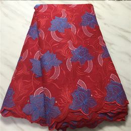 5Yards/Lot Wonderful Red African Cotton Fabric Blue Flower Embroidery Swiss Voile Dry Lace For Dressing PL11560