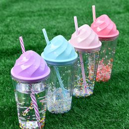 Reusable Tumblers 16oz Double Plastic Straw Cups with Ice Cream Lid Summer Party Cold Drink Cup T500555