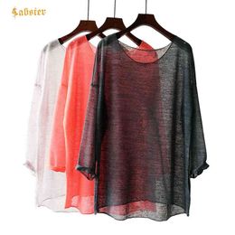 New Fashion Linen Cotton Loose Knitted Sweater Long Sleeve Blouses Casual O-neck Women Tops Transparent Blouse Shirt XZ191 H1230