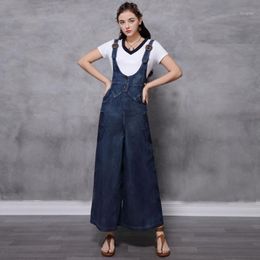 Women's Jumpsuits & Rompers FairyNatural 2021 Summer Fashion Retro Embroidery Denim Overalls Loose Solid Color Pockets Women Wide Leg Pants