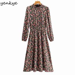 Fashion Women Vintage Floral Print Dress Long Sleeve Stand Collar Elastic Waist A-line Midi Spring Autumn Casual Robe 210514