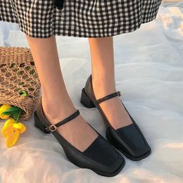 Rimocy Vintage Square Toe Heel Pumps Women British Style Ankle Buckle Mary Jane Shoes Woman Shallow Single Female 210528