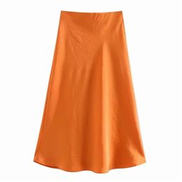 Solid Satin Elastic waist Women Midi Skirt Fashion Casual Lady Slim A-Line Skirts P1596 210629