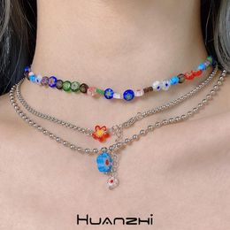 Chokers HUANZHI 2021 Vintage 3pcs/Set Colourful Glazed Flower Candy Beaded Necklaces Y2K Choker For Women Girls Jewellery Accessories Gifts