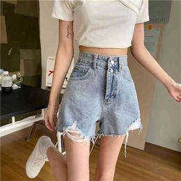 Light Denim Blue Fashion High Street Shimple Solid Vintage Button Fly Causal Loose Women Wide Leg Shorts 210629