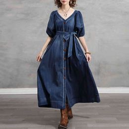 Johnature Women Bandage Shirt Dresses Vintage Original Puff Sleeve Button V-Neck Denim Cotton Spring A-Line Dresses 210521