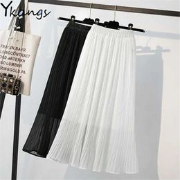 Vintage Chiffon Pleated Skirts Spring Summer Women White Black Chic A-Line Skirts Korean Fashion Preppy Style High Waist Solid 210619