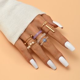 7 Pcs/Set Simple Gold Colour Metal Snake Geometric Rings Set Mix For Women Handmade Beaded Transparent Glass Beads Ring Jewellery