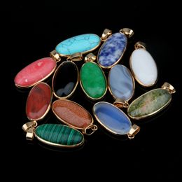 Gold Oval Natural Stone Chakela Pendant Seven Chakras Reiki Healing Chakra Rose Quartz Crystal Pendulo Charms for Necklace earrings Making 17x40mm