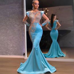 New Light Sky Blue Beaded Mermaid Prom Dresses Sheer Neckline Sequined Long Sleeves Evening Dress Custom Made Satin Sweep Train Party Gown