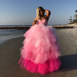 Pink Fuchsia Mix Color Puffy Tulle Party Dresses For Black Girls Lush Tiered Ruffles Long Plus Size Prom Dress Women Homecoming Gowns