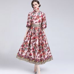 Women's Runway Dresses O Neck Half Sleeves Floral Printed Ruched Elegant Mid Dress Vestidos