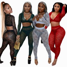 Women Summer Solid Color Lace V-neck Two-piece Pant Sets Ladies Sexy Long Sleeve Leggings Sportwear Designers Clothes 2021