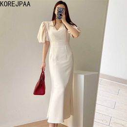 Korejpaa Women Dress Summer Korean Chic Female Minimalist V-Neck Pleated Lantern Sleeve Commuting Style Solid Color Vestido 210526