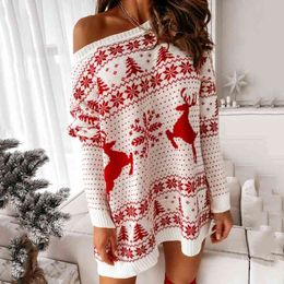 Women Christmas Off Shoulder Sweater Dress Autumn Winter Long Sleeve Knitted Print Casual Pullover Oversized Mini Dresses 210416