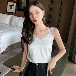 Korean Fashion Silk Women Camis Streetwear Sexy Tops Lace Sleeveless Black Female Tank Plus Size XXXL/4XL Crop 210531