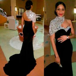 Modern Luxury Black Evening Dresses One Shoulder Sequins Crystal Beaded Short Sleeves Mermaid Prom Gowns Party Dress