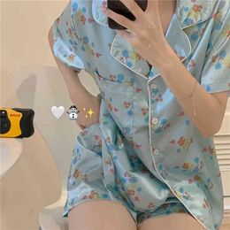 Women Pyjama Silk Satin Sets Woman 2 Pieces Women's Shorts Sleepwear Pijama Couple Trouser Suits Summer Short Sleeve Pyjamas Set 210522