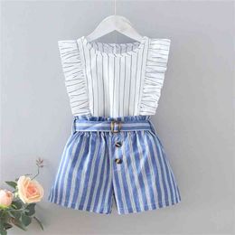 Gooporson Summer Toddler Girls Clothing Set Stripes Flying Sleeve Shirt&shorts Korean Fashion Children Clothes Set Kids Outfits 210715