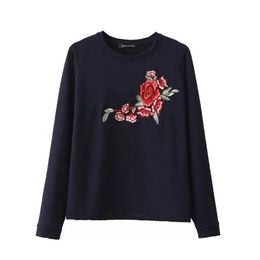 Autumn Casual Women Vintage Red Rose Embroidery Hoodies Pullover Quality Sweatshirts O Neck Brand Bussiness Tops 210420