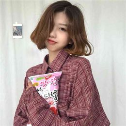 New Woman Vent Vintage Plaid Shirt Single Breasted Turn down Collar Cotton Long Sleeve Button Feminina Sales 210426