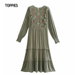 Toppies Spring Autumn O-Neck Flower Embroidered Dresses Women Long Sleeve High Waist Vintage Dress 210412