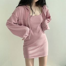 Sweet Casual Autumn Sets Solid Bodycon Pink Suspender Dress Mini Sling Hooded Hoodies Crop Zipper Sweatshirts Coat Sexy Wild 220302