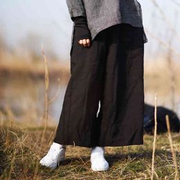 Johnature Women Linen Wide Leg Pants Elastic Waist Spring Loose Pockets Plus Size Women Black Vintage Trouser 210521