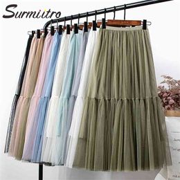 Spring Summer Long Tulle Skirt Women Korean Style Green Mesh High Waist Sun School Midi Pleated Female 210421