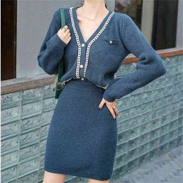 Winter Women Patchwork Single Buttons Breasted Cardigans Coat +High Waist Mini Skirt Suits Knitted 2PCS Sets 210603