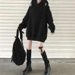 Spring Autumn Women's Top Japanese Black Thin Strapless Hooded Sweatshirt Loose Long Sleeve Pullover Sweatshirts LL727 210506