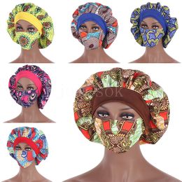 African Pattern Print Satin Bonnet Hijabs Hats Women Night Sleep Cap with Mask Turban Extra Large Head Wear Lady Head Wrap Hat DD889